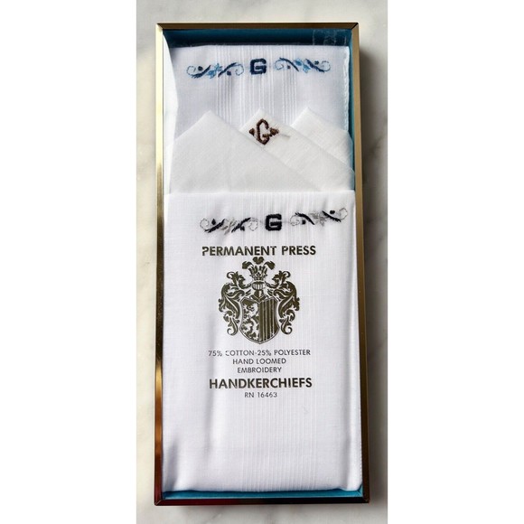Men's Embroidered Monogrammed G Handkerchiefs Set of 3 Cotton/Poly NEW Old Stock - Picture 2 of 5